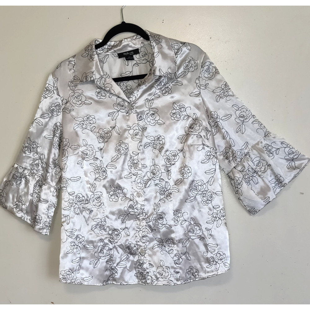 Style & Co Satin Blouse Top 16W Embroidered Black White Flared 3/4 Sleeves - Picture 1 of 16